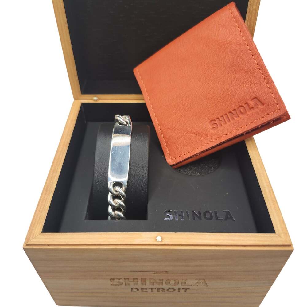 Shinola Detroit Bike Lock ID Bracelet Sterling Silver 925 w/ Wooden Box